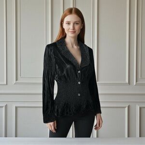 Renee Lamo Black Crushed Velvet Look Smocked Peplum Blazer XL Gothic